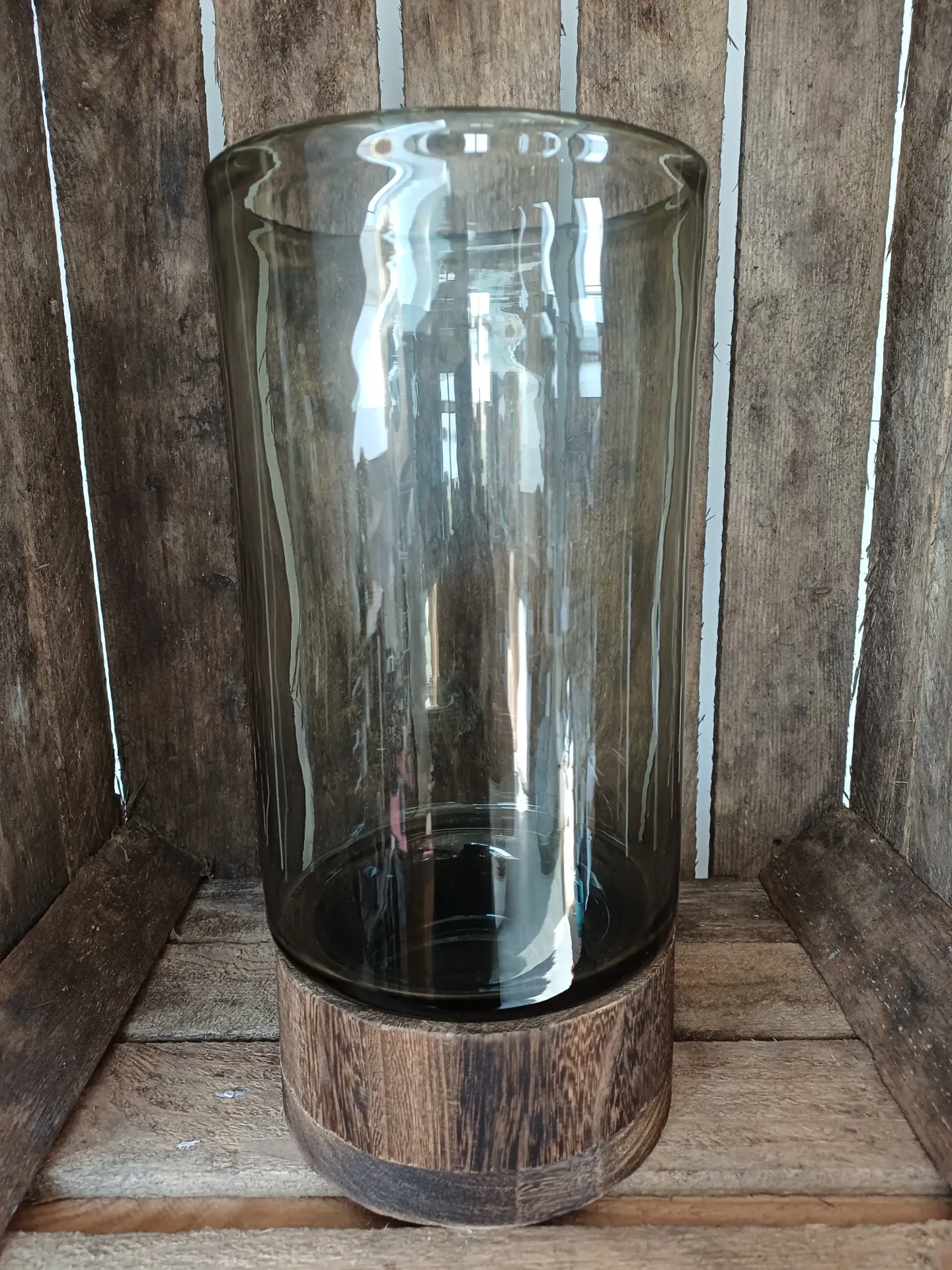 Photophore/Vase Ray Verre/Bois De Saule Gris/Naturel Medium