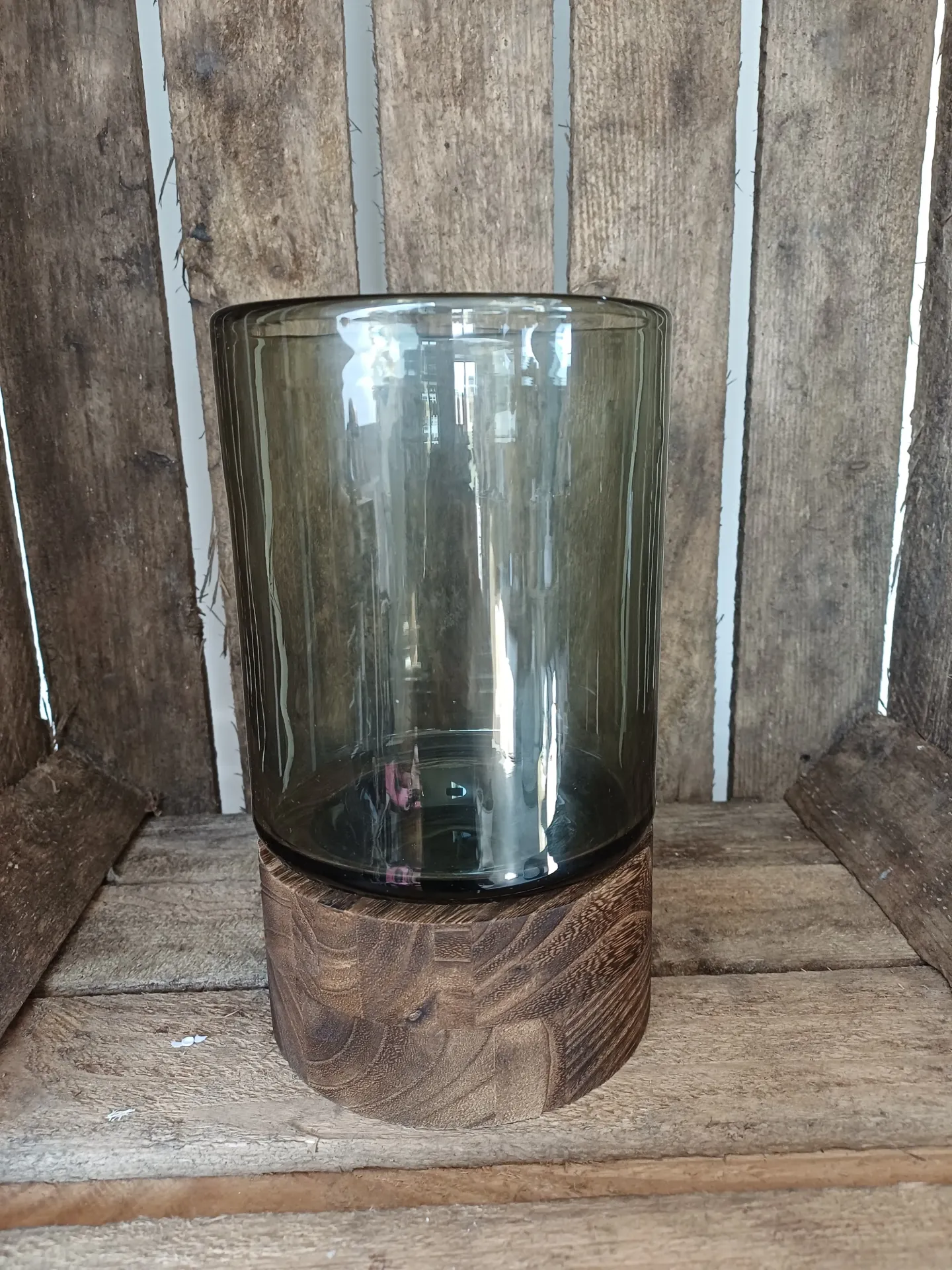 Photophore/Vase Ray Verre/Bois De Saule Gris/Naturel Small H20.5cm