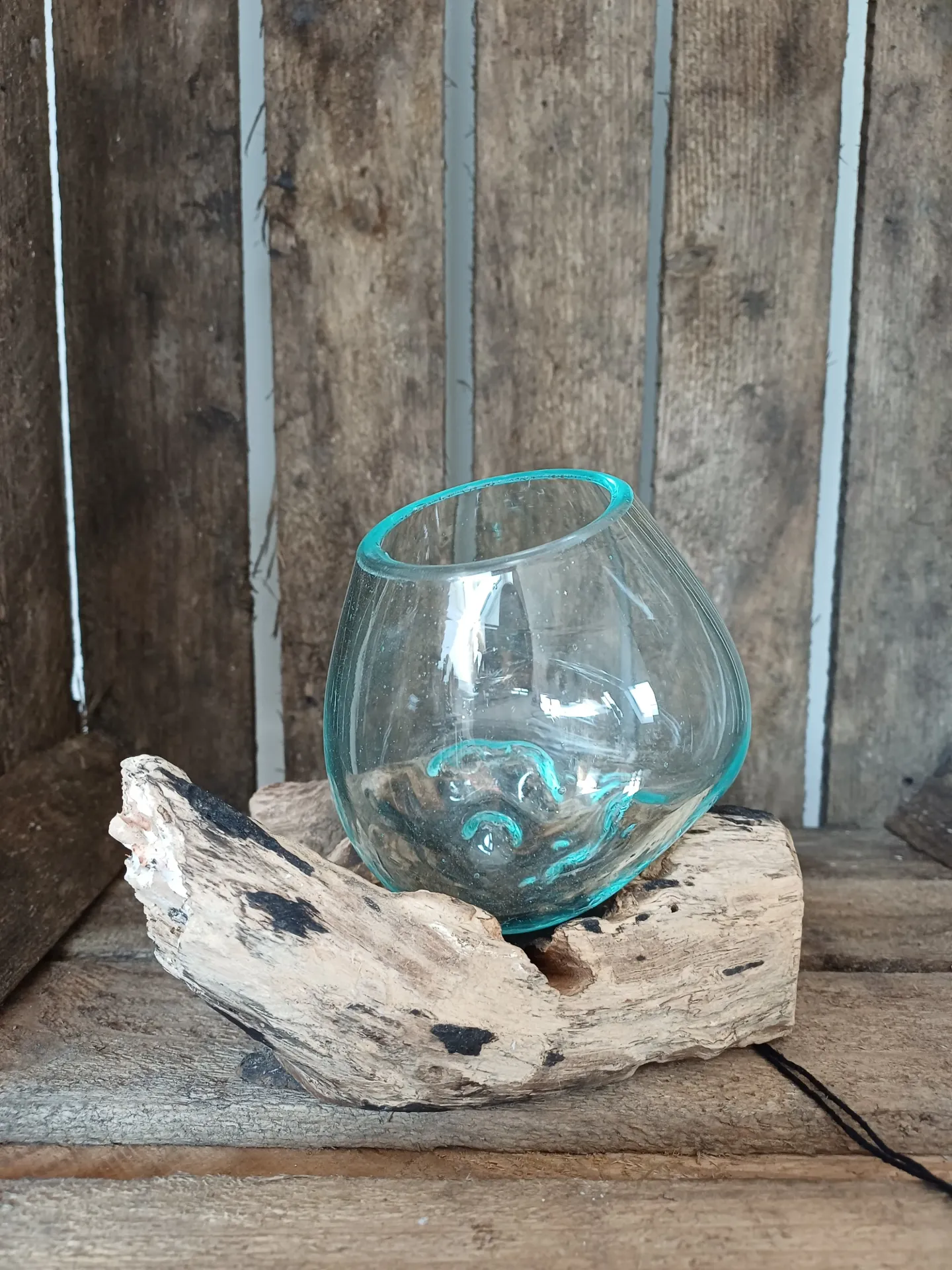 Vase Sur Pied Gamal Bois/Verre Recyclé Naturel/Transparent Medium