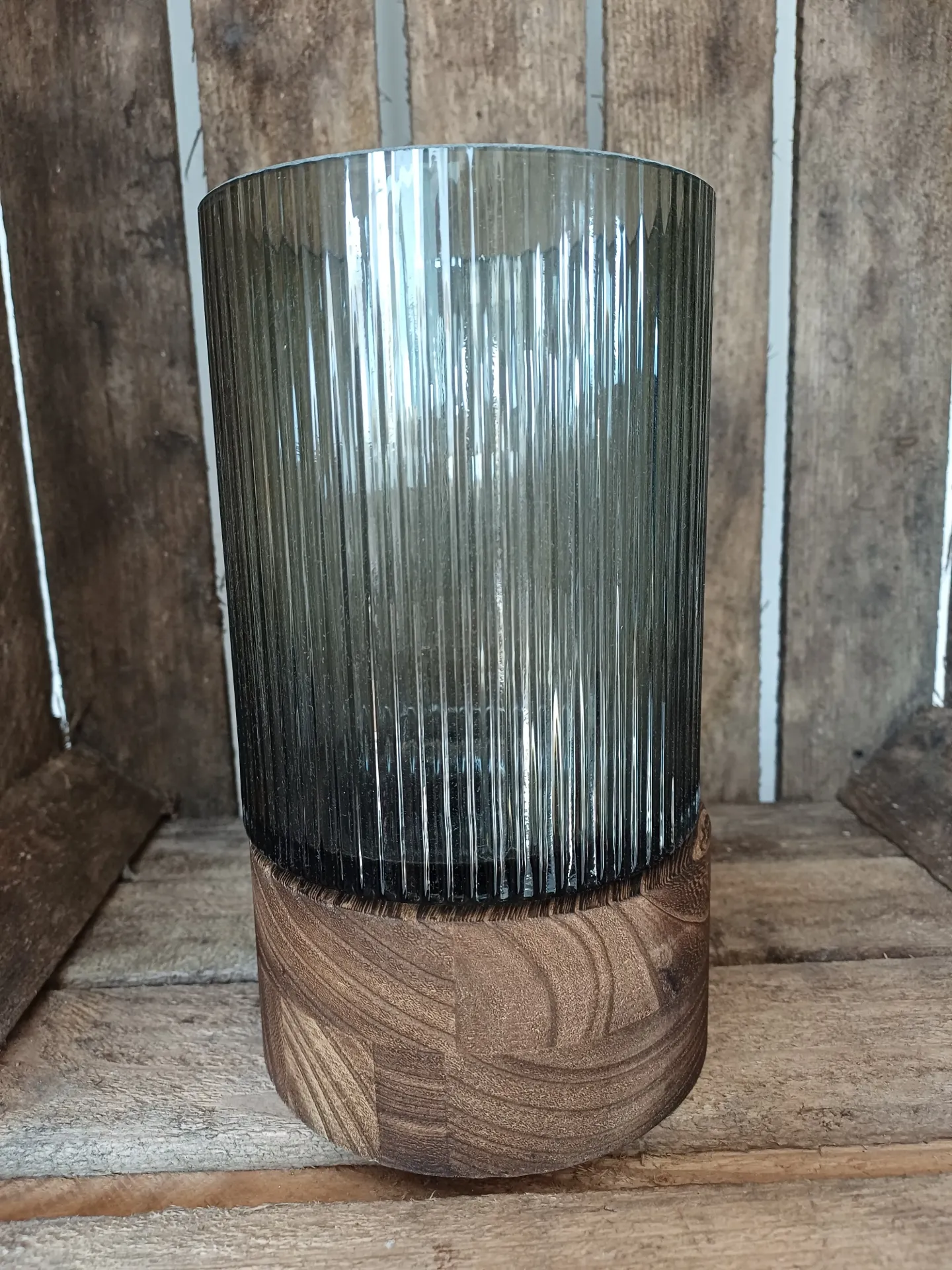 Photophore/Vase Ray Verre/Bois De Saule Gris/Naturel Small