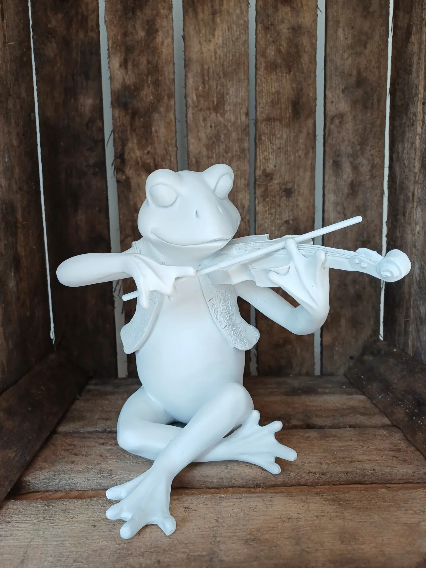 Grenouille Musique Assise Resine Blanc Large
