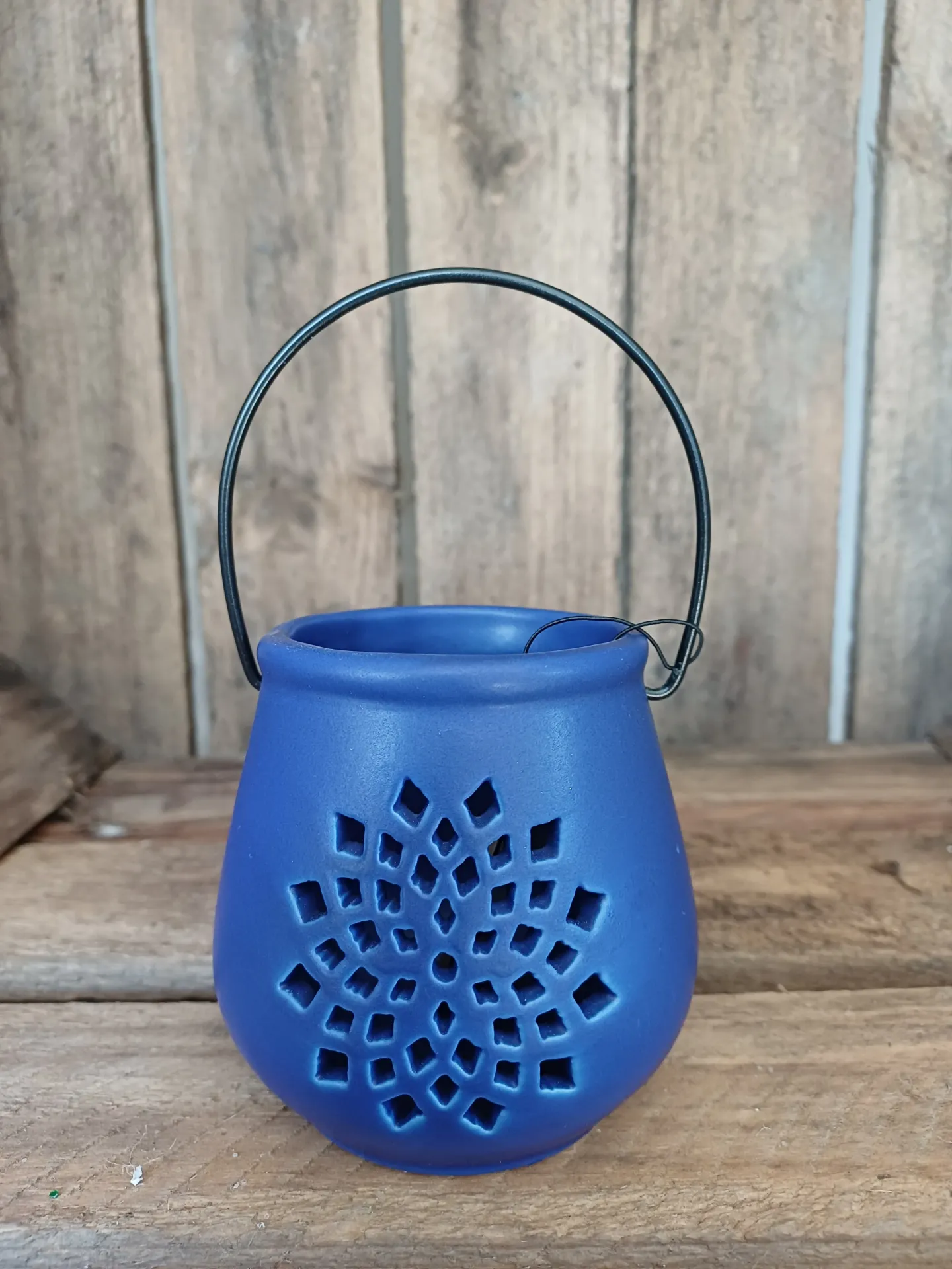 Photophore Seau Motifs Porcelaine Bleu Mate