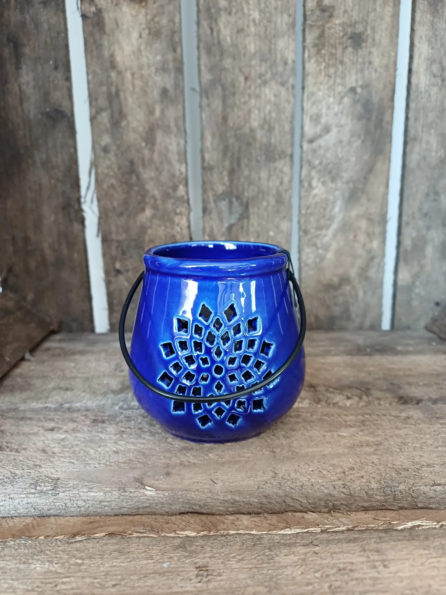 Photophore Seau Motifs Porcelaine Bleu