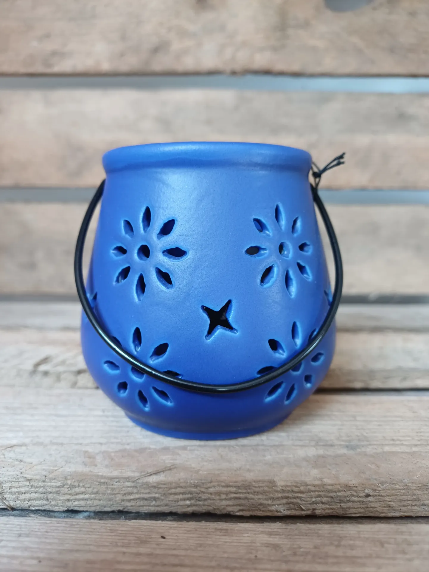Photophore Seau Motifs Porcelaine Bleu Mate
